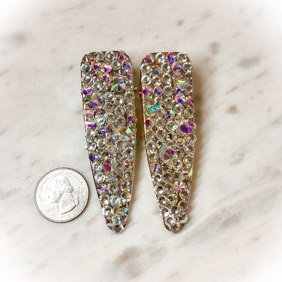 Iridescent Crystal Covered Barrette Hair Clips - Picture 4 of 8